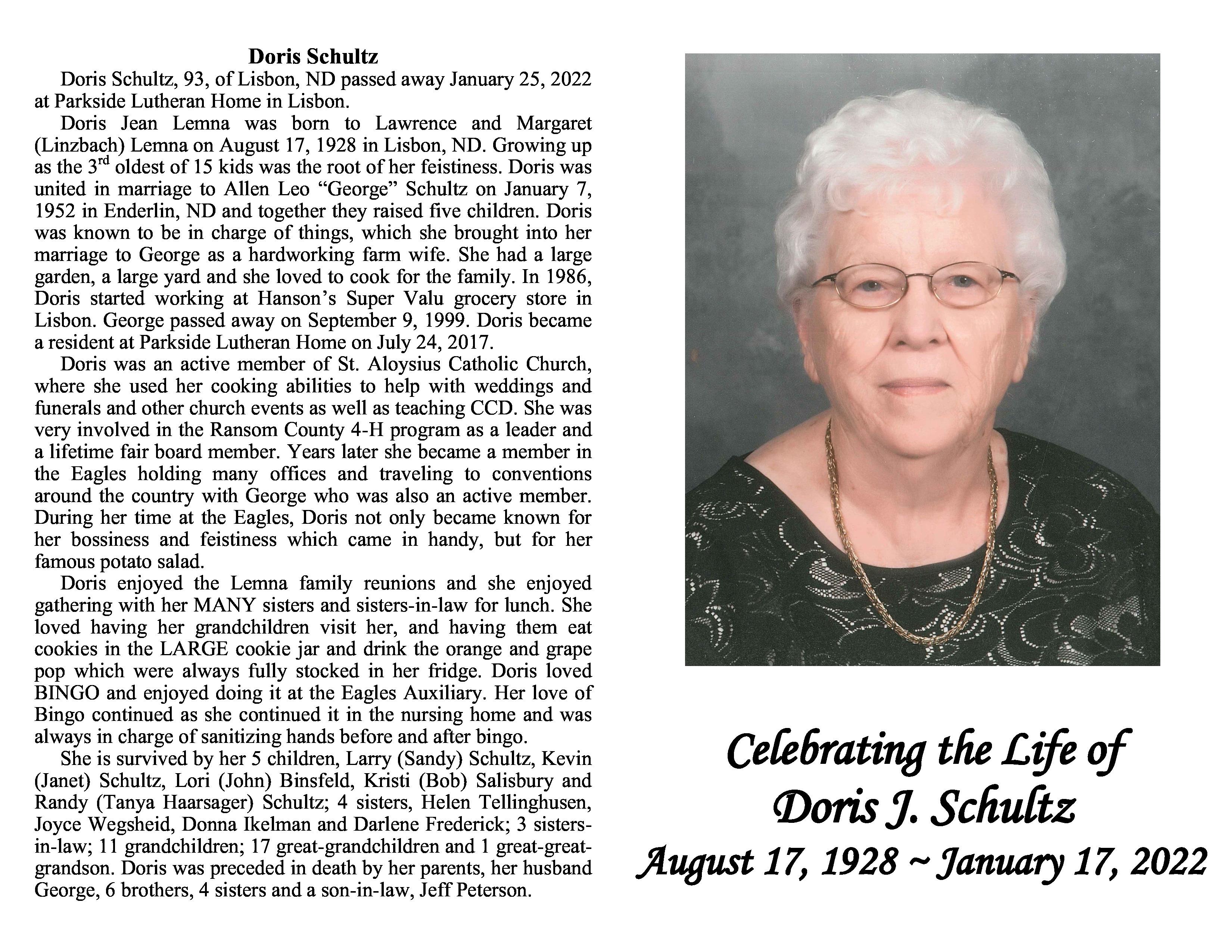 Obituary Doris Jean Schultz of Lisbon, North Dakota DAHLSTROM